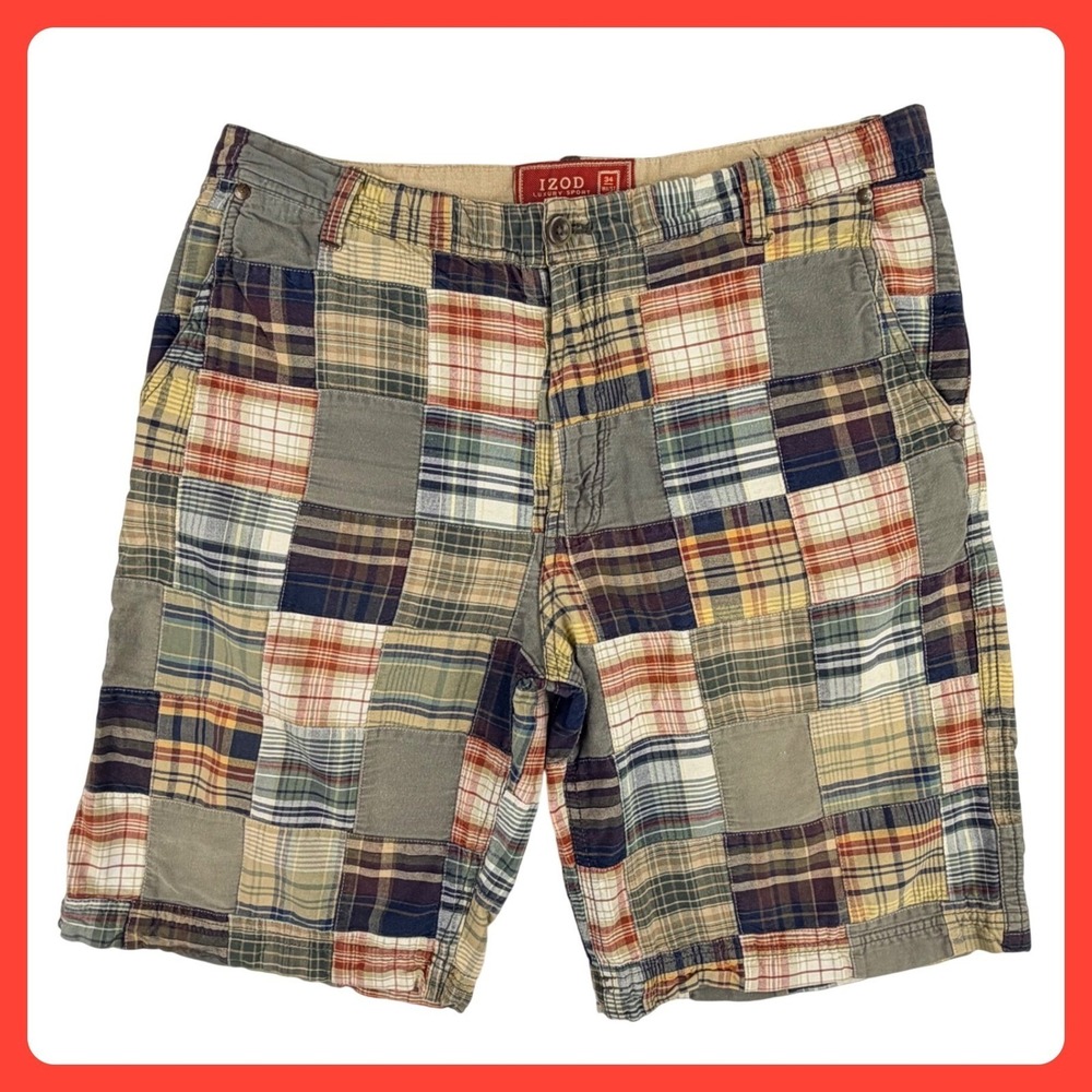 IZOD Patchwork Madras Plaid Shorts Men 36 (Tag 34) Cotton Pockets Golf Y2K 12"